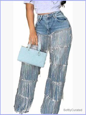 High Waisted Sequin Fringe Jeans Baggy Straight Leg Y2K Streetwear Denim Pants